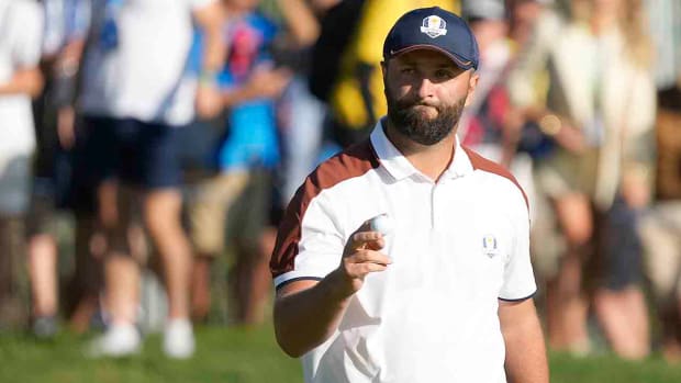 Europe's Jon Rahm celebrates on the 5th green during his morning foursomes match at the 2023 Ryder Cup.